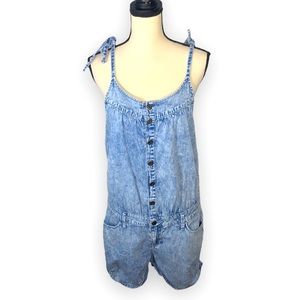 2.1 Denim Acid Wash Tie Strap Short Overalls Size Large Y2K 100% Cotton